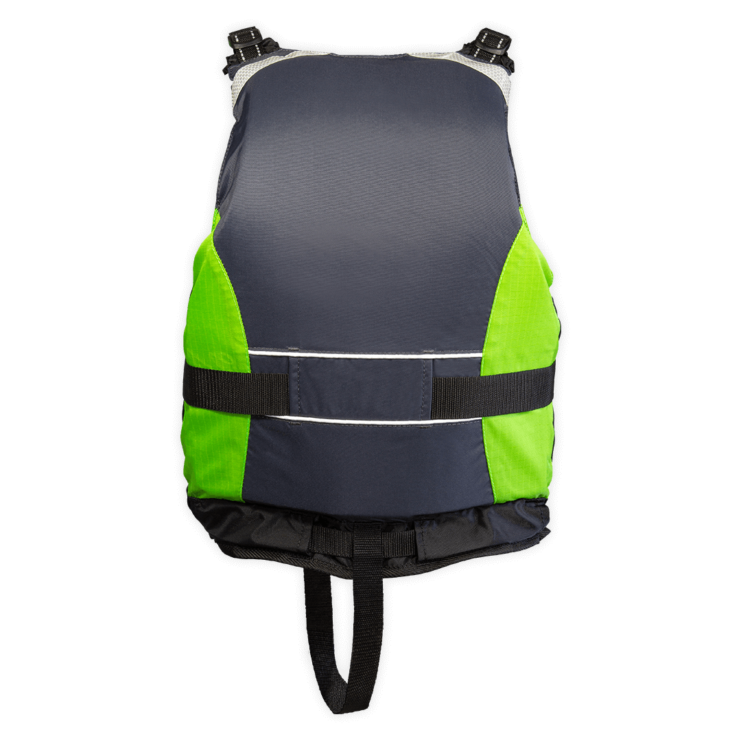 Gilet Twist Club+ 70N kayak vert vif et gris, vue de dos avec sangle lombaire réglable, Aquadesign