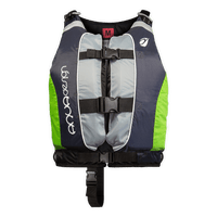 Gilet Twist Club+ 70N kayak gris anthracite et vert, vue de face, fermetures ajustables, Aquadesign