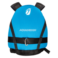 Gilet d'aide à la flottabilité 50N Upano Aquadesign bleu, vue de dos avec logo, studio