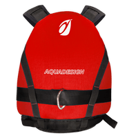 Gilet d'aide à la flottabilité 50N Upano Aquadesign rouge, vue de dos avec logo, studio