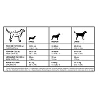 Guide des tailles du gilet de flottabilité pour chien Aquadesign : tour de poitrine, de cou, longueur et poids (S, M, L)