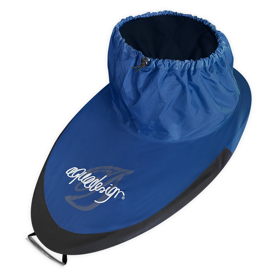 Jupe de kayak Java bleu marine et noire Aquadesign, vue profil studio