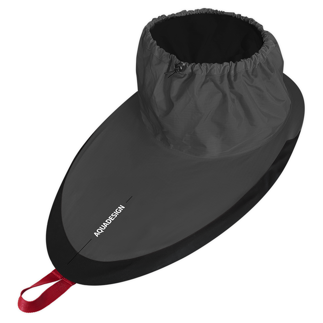Jupe de kayak Java grise et noire Aquadesign, vue 3/4 studio fond blanc
