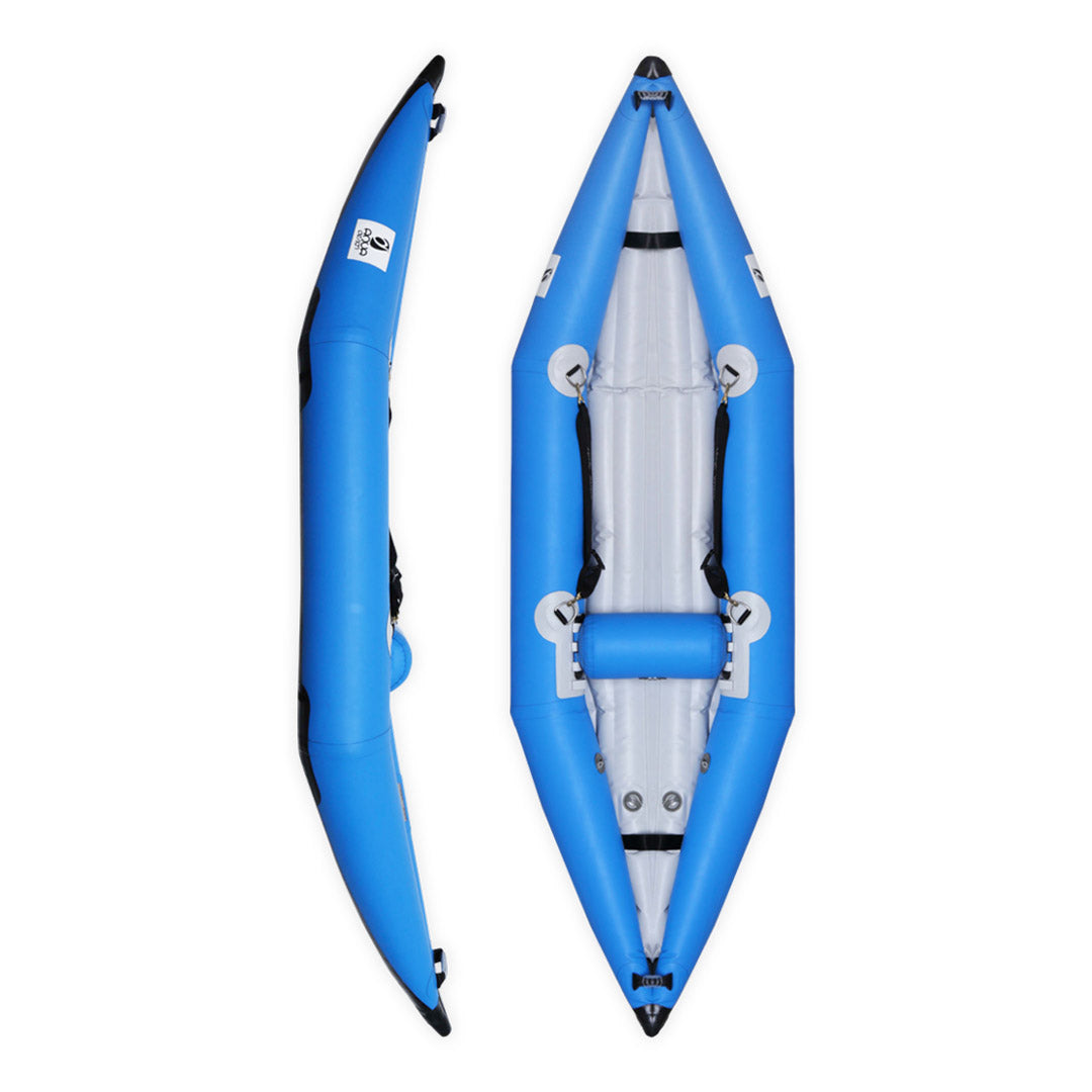 Kayak gonflable Hypalon K-Air 300 bleu Aquadesign — dessus et profil, 1 place eaux vives