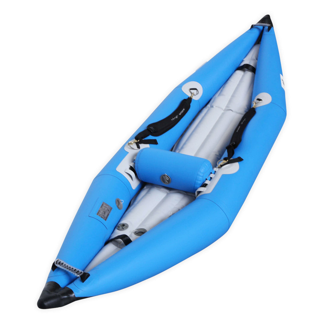Kayak gonflable Hypalon K-Air 300 bleu Aquadesign — vue 3/4 poupe, siège réglable 1 place