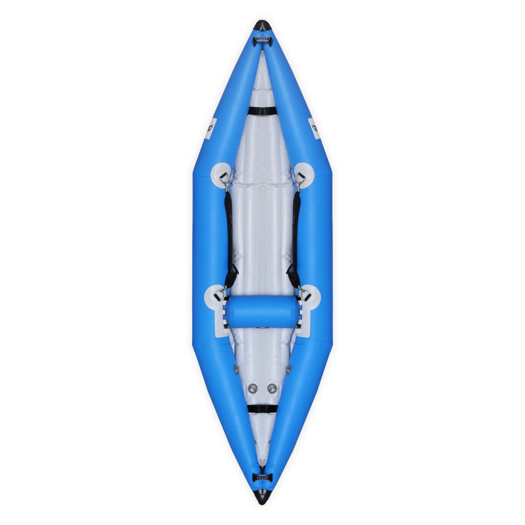 Kayak gonflable Hypalon K-Air 300 bleu Aquadesign — vue de dessus, cockpit 1 place rivière