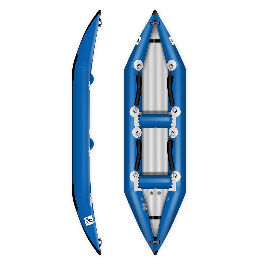 Kayak gonflable Hypalon K-Air 380 bleu Aquadesign 2 places — dessus et profil, eaux vives