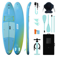 Pack SUP convertible Aelia 10'8 bleu et vert anis dégradé, avec siège kayak, pagaie, ailerons, pompe et sac Aquadesign