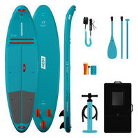 Pack SUP gonflable Eyro 10'8 bleu turquoise avec accents rouges, pagaie 3 pièces, pompe et sac Aquadesign