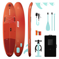 Pack SUP gonflable Kova 10'6 orange rouge recto verso profil avec pagaie pompe leash et sac Aquadesign