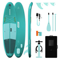 Pack SUP gonflable Nyro 10'6 turquoise recto verso profil avec pagaie pompe leash et sac Aquadesign