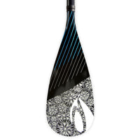 Pale de pagaïe SUP Aura 2 noire, face avant motif floral blanc et lignes bleues, Aquadesign