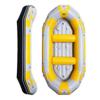 Raft Avanti 340 jaune, double vue dessus et côté, 2 bancs gonflables, fond noir, Aquadesign