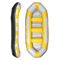 Raft Aquadesign Avanti 420 jaune vue dessus et profil, 8 places banquettes gonflables