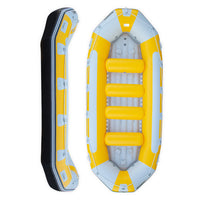 Raft Avanti 445 jaune, double vue dessus et côté, 4 bancs gonflables 10 personnes, Aquadesign