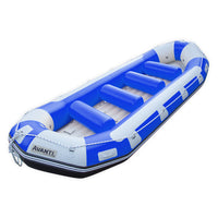 Raft gonflable bleu Avanti 470 Aquadesign, vue angle trois quarts, tubes bleus et blanc