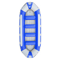 Raft gonflable bleu Avanti 470 Aquadesign, vue de dessus, banquettes bleues et structure intérieure