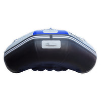 Raft gonflable bleu Avanti 470 Aquadesign, vue frontale proue noire, poignée blanche centrale
