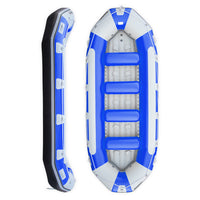 Raft gonflable bleu Avanti 470 Aquadesign, vue de dessus et profil, 11 places eaux vives