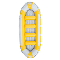 Raft gonflable jaune Avanti 470 Aquadesign, vue aérienne de dessus, banquettes et plancher visibles