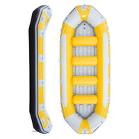 Raft gonflable jaune Avanti 470 Aquadesign, vue de dessus et profil, 11 places pour eaux vives
