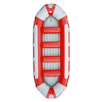 Raft gonflable rouge Avanti 470 Aquadesign, vue de dessus, banquettes rouges et plancher gris