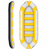 Raft Avanti 540 jaune Aquadesign — vue profil et dessus avec 5 traverses, 12 personnes