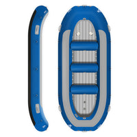 Raft Hypalon Falcon 420 bleu Aquadesign 9 personnes, forme ovale vue dessus et profil latéral