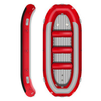 Raft Hypalon Falcon 420 rouge Aquadesign 9 personnes, forme ovale vue dessus et profil latéral