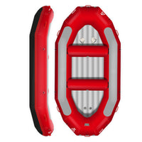 Raft Hypalon Raptor 340 rouge Aquadesign 6 personnes, vue dessus 2 bancs et profil latéral