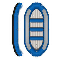 Raft Hypalon Raptor 425 bleu Aquadesign 9 personnes, vue dessus 3 bancs et profil latéral