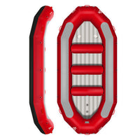 Raft Hypalon Raptor 425 rouge Aquadesign 9 personnes, vue dessus 3 bancs et profil latéral