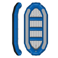 Raft Hypalon Raptor 455 bleu Aquadesign 11 personnes, 4 bancs vue dessus et profil latéral