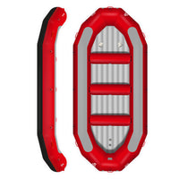 Raft Hypalon Raptor 455 rouge Aquadesign 11 personnes, 4 bancs vue dessus et profil latéral