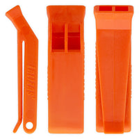 Sifflet de sécurité orange Aquadesign – 3 vues : profil, face et dessus sur fond blanc