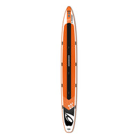 SUP gonflable géant Speedcraft 22 pieds orange, vue dessus face seule, deck antidérapant bandes noires Aquadesign