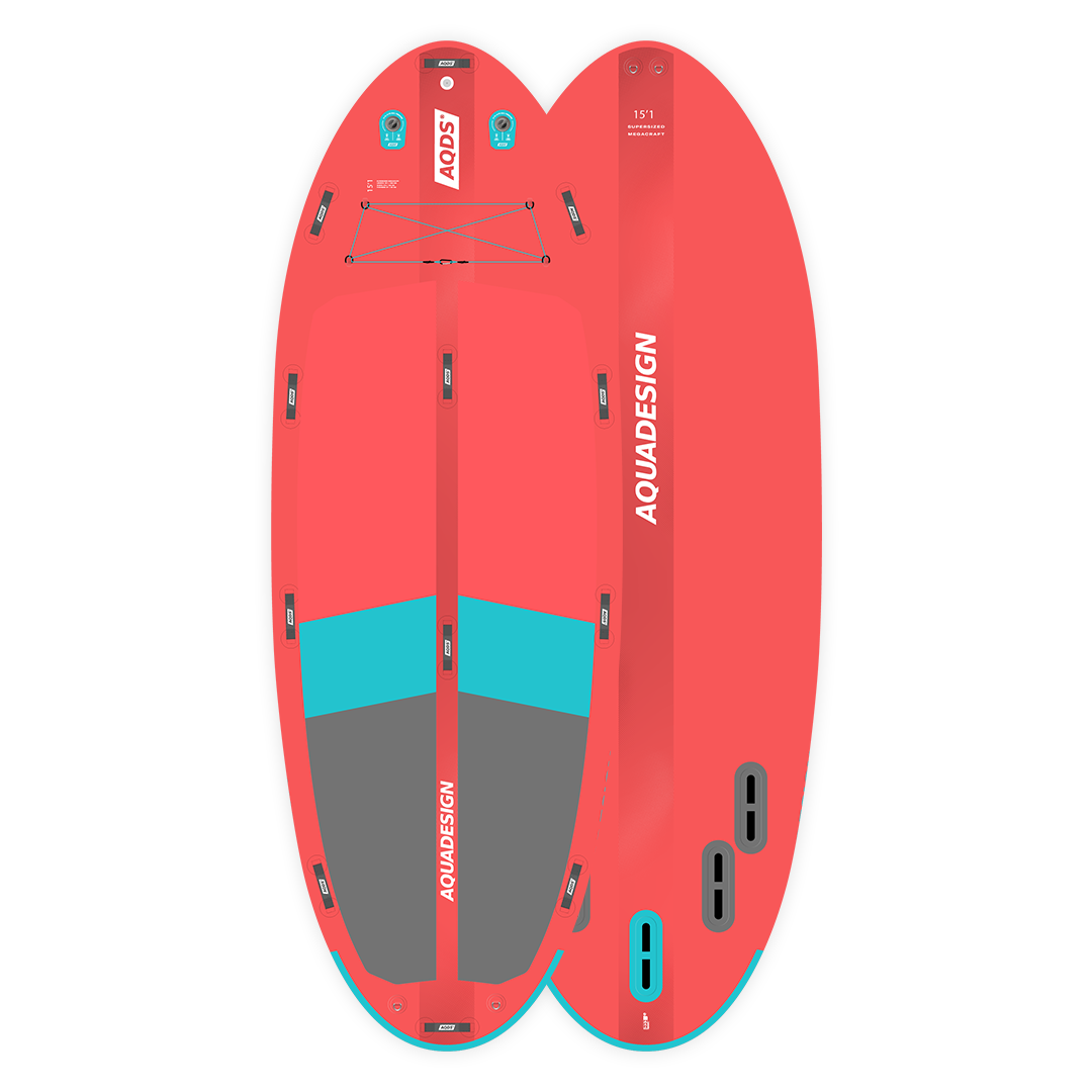SUP gonflable géant Megacraft 15'1 rouge face et dos studio 650 kg Aquadesign