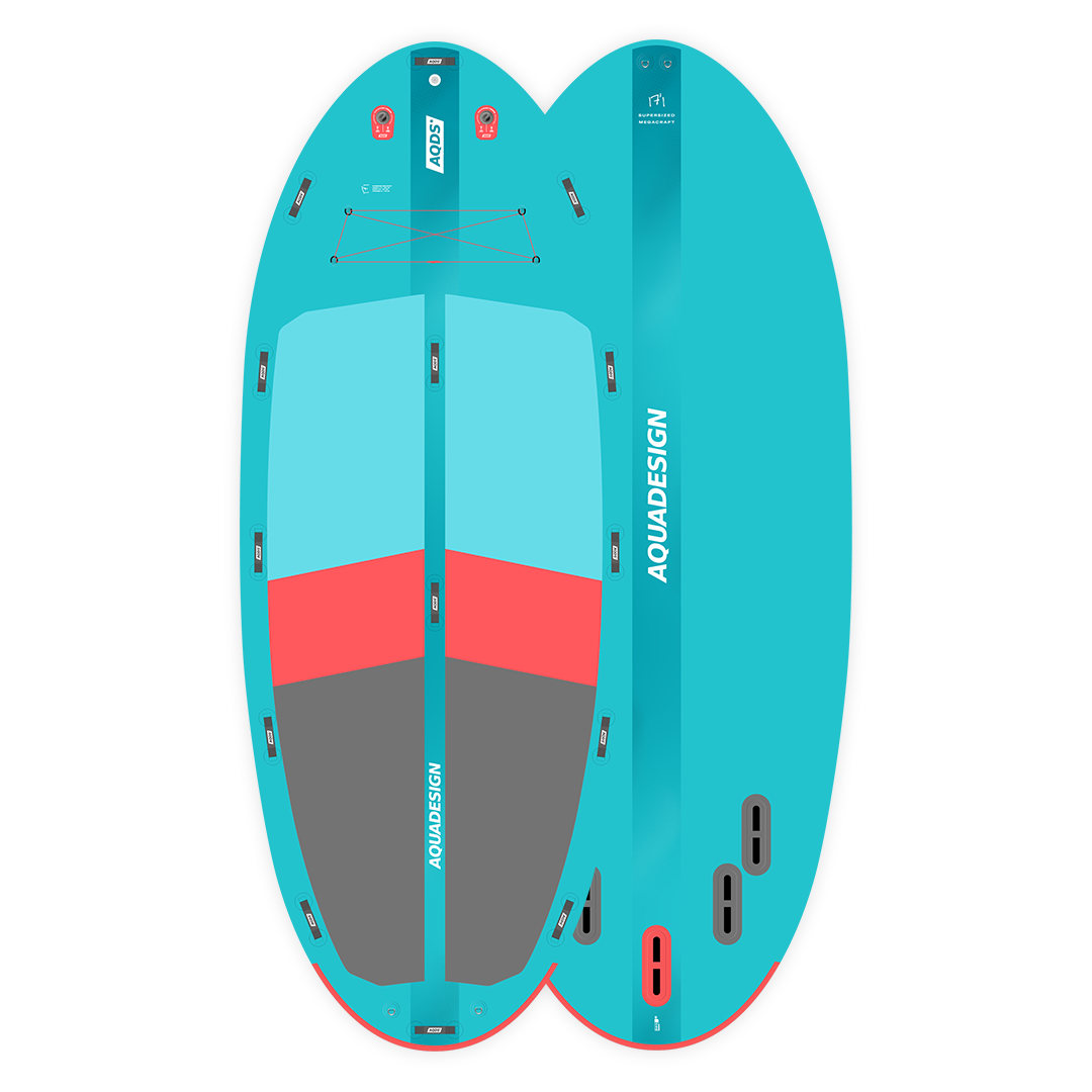 SUP gonflable géant Megacraft 17'1 bleu face et dos studio pack 8 personnes Aquadesign