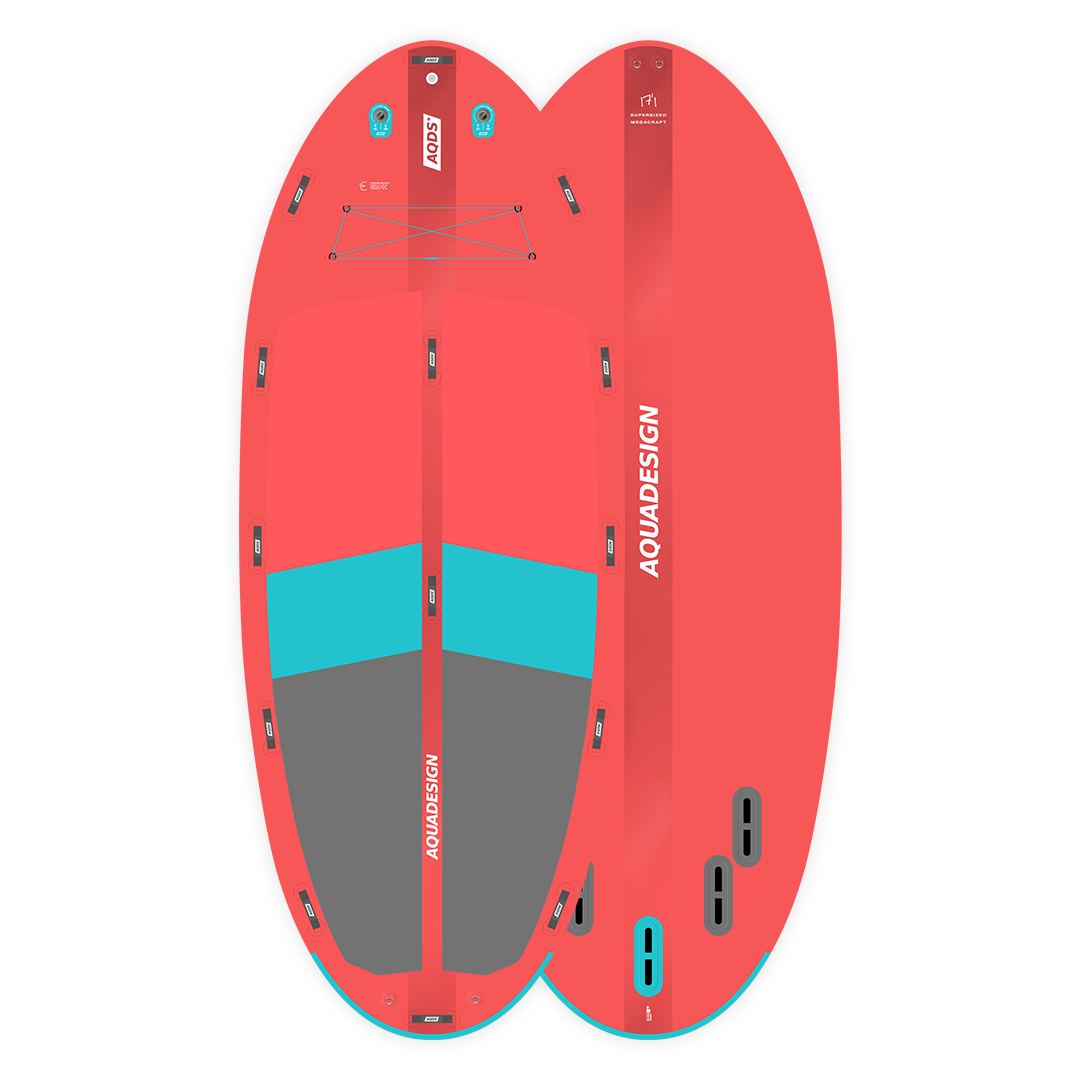 SUP gonflable géant Megacraft 17'1 rouge face et dos studio jusqu'à 8 personnes Aquadesign