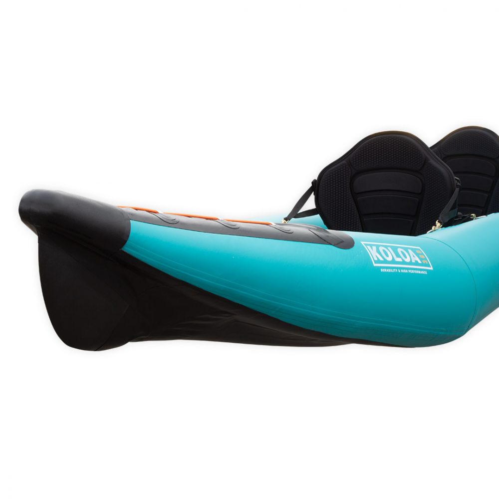 Inflatable PVC kayak Koloa Aquadesign with dropstitch bottom and bow for two people seen from the front corner.