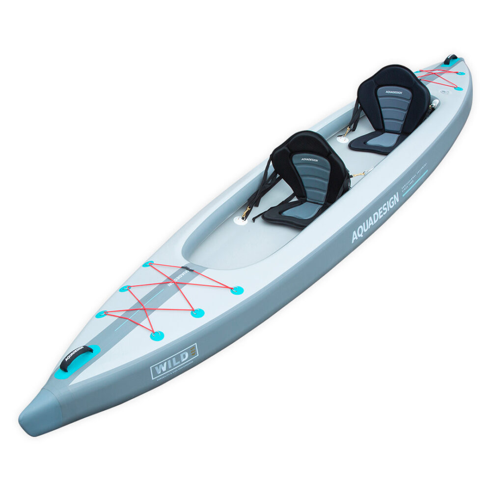 Wild full dropstitch Aquadesign inflatable kayak in 425 version two seats angle view