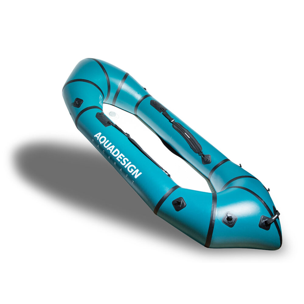 Packraft PVC Aquadesign bleu avec fond gonflable en Dropstitch vue de perspective