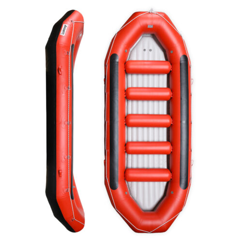 Raft Aquadesign en PVC avec fond à ailettes - Idéal pour 12 personnes le bateaux de rafting avanti 540 est rouge - Vue de face et de côté